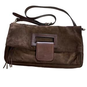 Women's Dark Brown Suede Crossbody Bag with Leather Trim